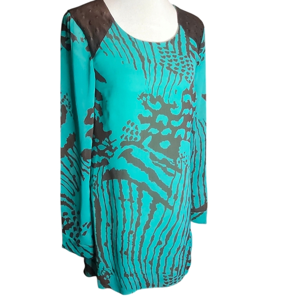 Dress the Population Teal and Black Lamb Leather Shoulder Detail Tunic M…